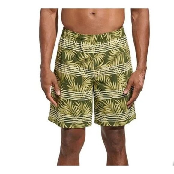 NEW Kirkland Signature Men's Size L Swim Shorts Olive Leaf Print Hawaiian - Picture 1 of 8